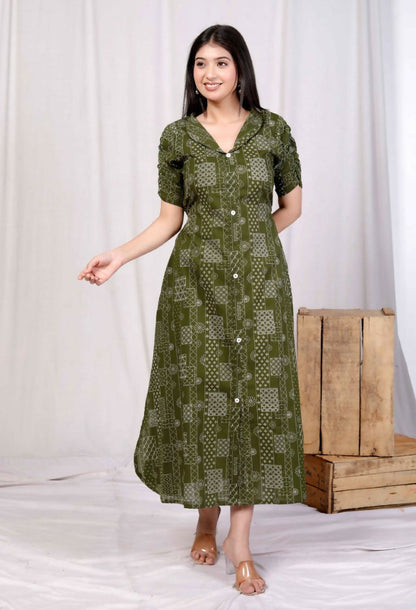 Miravan Women's Pure Cotton Floral Printed Green Button Down A-Line Midi Dress