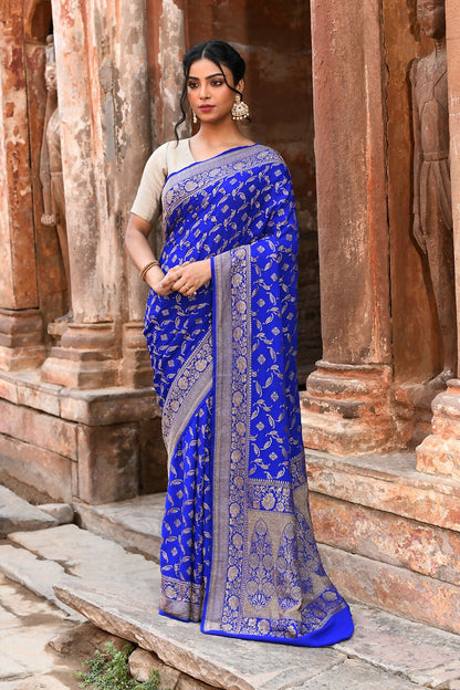 Joban Fashion Violet Crepe Chiffon Pure Handloom Banarasi Silk Saree