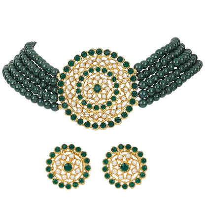 Gold-Polished Alloy Green Beaded Round Pendant Choker Necklace Set - The Pari