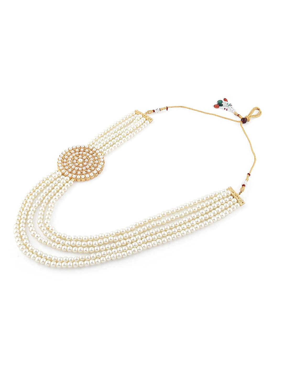 Gold-Polished Alloy Round Brooch Pearl Long Haar Necklace Set - The Pari