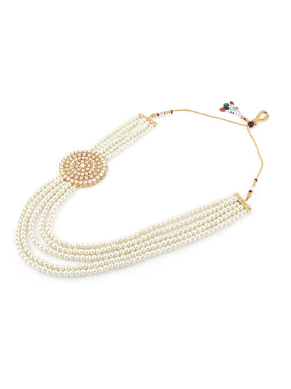 Gold-Polished Alloy Round Brooch Pearl Long Haar Necklace Set - The Pari
