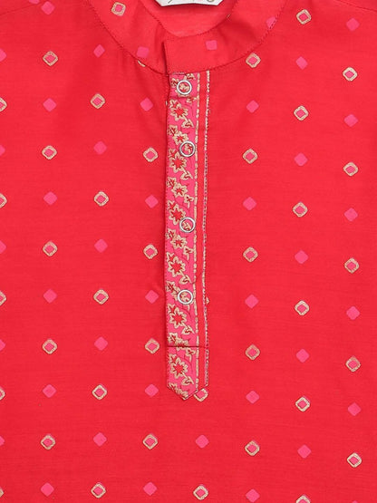 Ahalyaa Red Chnaderi Gold Khari Print Kids Kurta Churidar Set For Boys