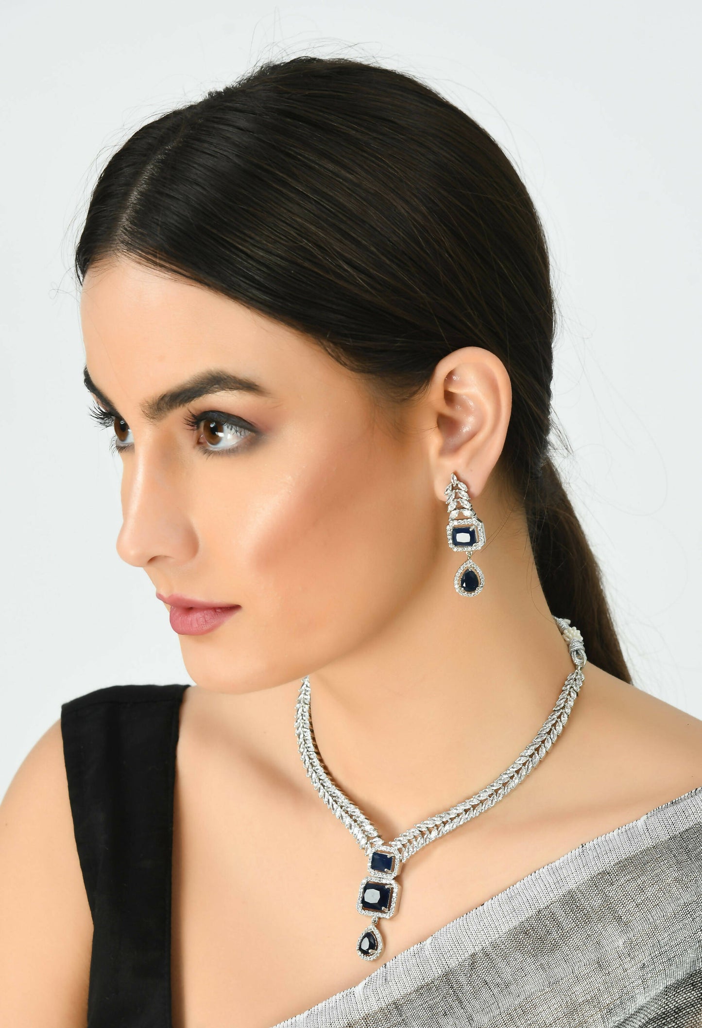Mominos Fashion Johar Kamal Silver-Plated American Diamond Navy Blue Choker Set
