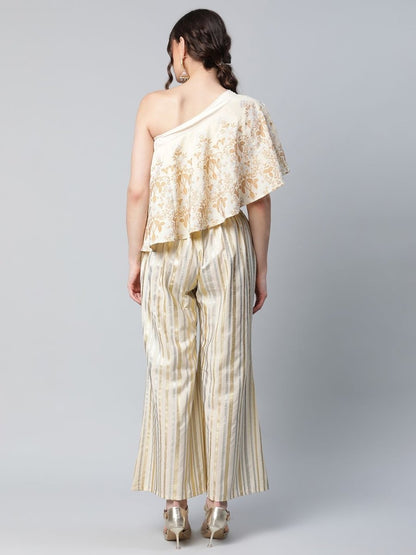 Ahalyaa Women Off White Crepe Floral Printed Top with Palazzos