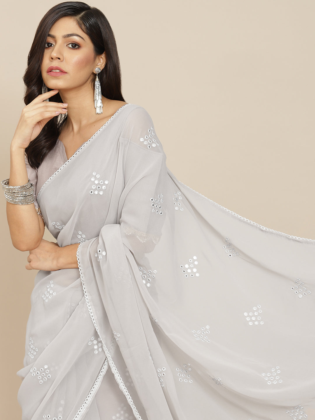 Tikhi Imli Grey Embroidered Mirror-Work Saree