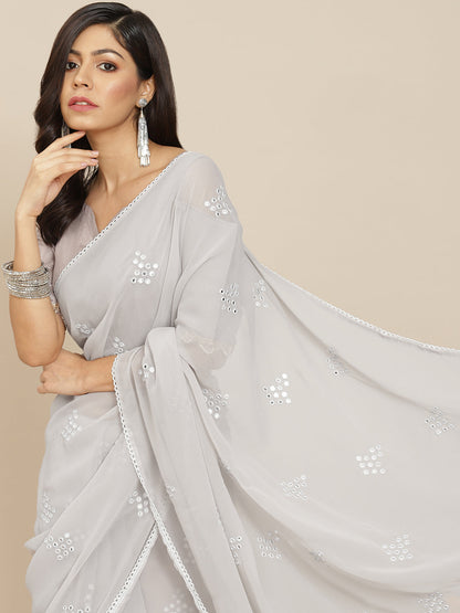 Tikhi Imli Grey Embroidered Mirror-Work Saree