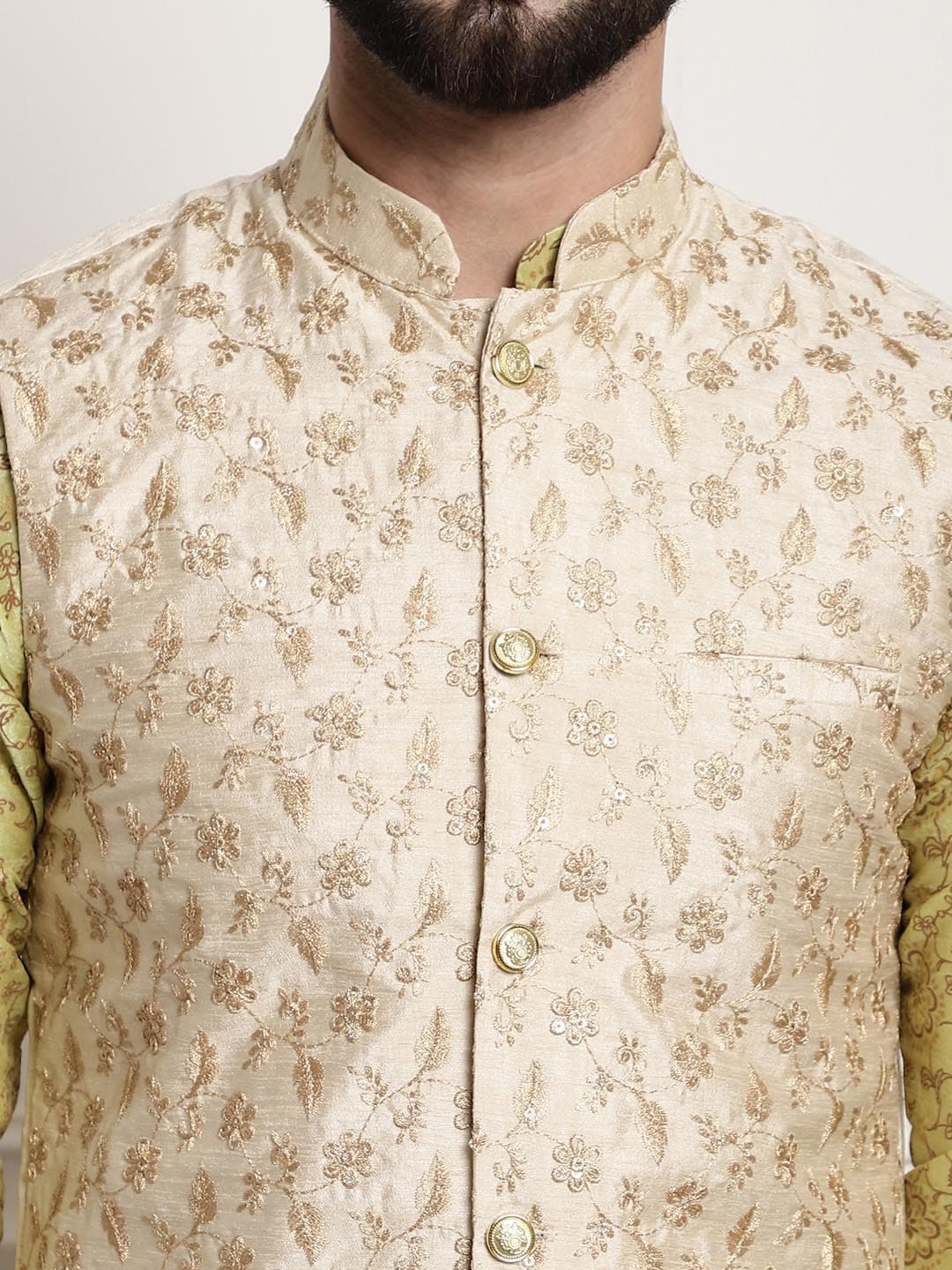 Sojanya Men Lime Green Ethnic Motifs Printed Kurta with Pyjamas & Nehru Jacket