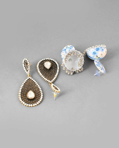 VOJ Set Of 2 Earrings- Blue Printed Jhumka With Black AD Studded Drop Earrings