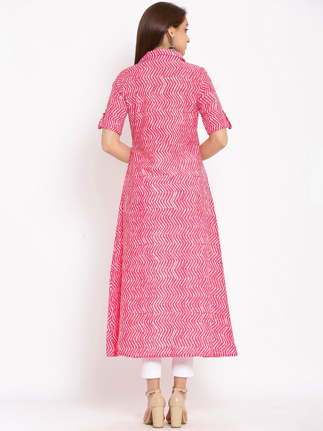 HERE&NOW Pink Shirt Collar Chevron Printed Roll Up Sleeves A-Line Kurta