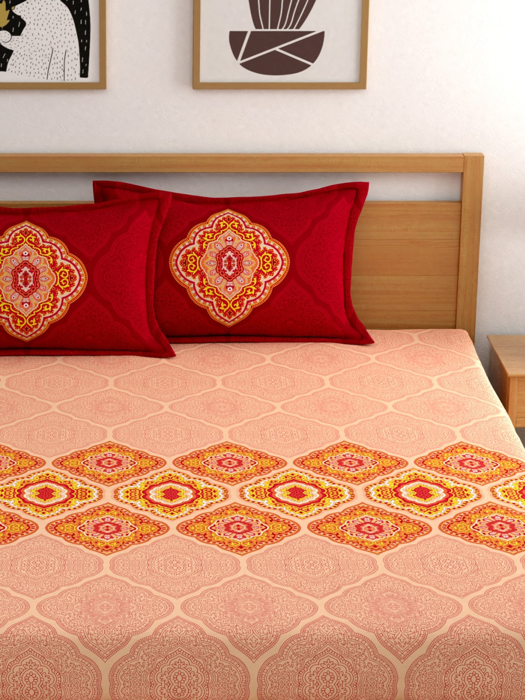 Dreamscape Pink Ethnic Motifs 144 TC Cotton 1 Queen Bedsheet with 2 Pillow Covers