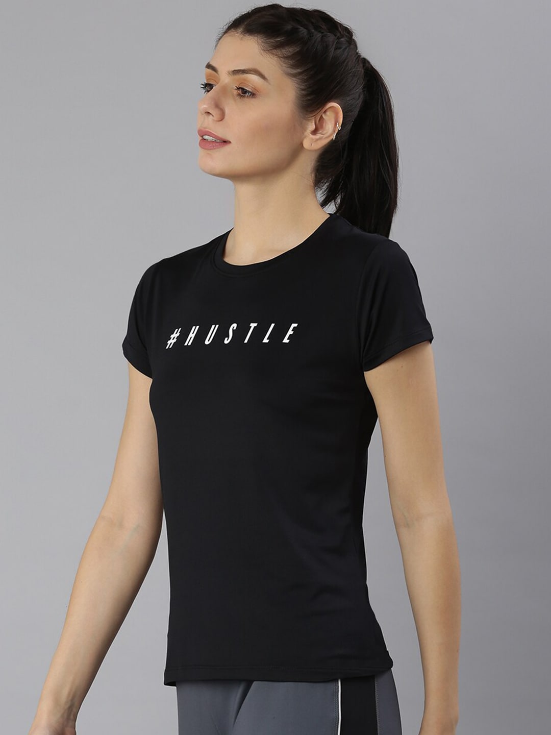 MKH Women Black Typography Printed Dri-FIT Sports T-shirt
