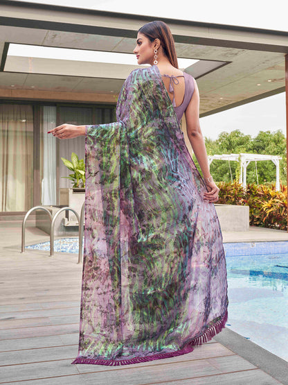 Tikhi Imli Mauve Abstract Printed Satin Half and Half Saree