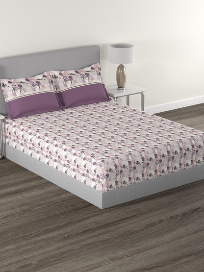 MYTRIDENT Mauve White Floral Cotton 144 TC Queen Bedsheet With 2 Pillow Covers
