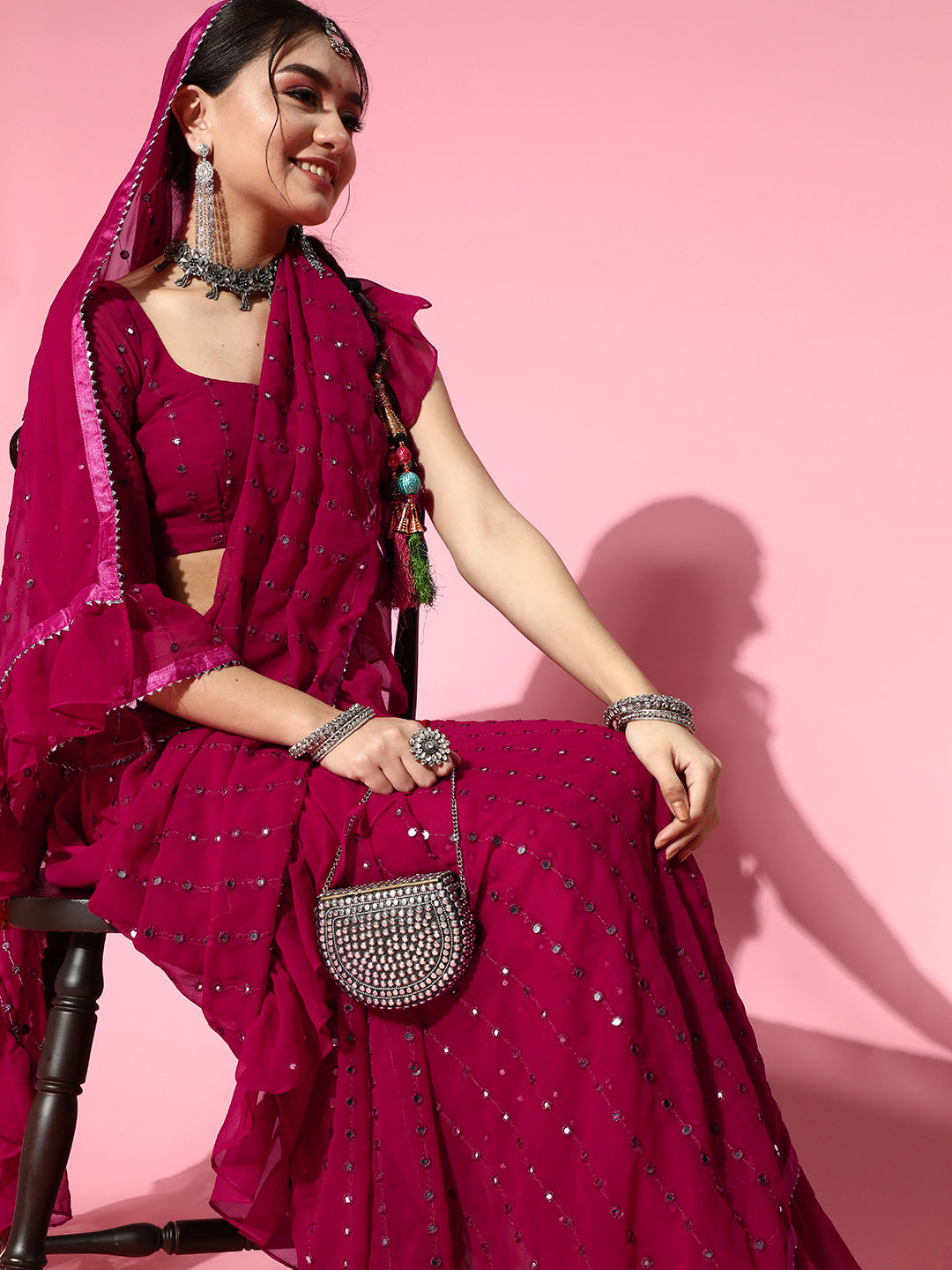 Tikhi Imli Embellished Poly-Georgette Saree with Solid border