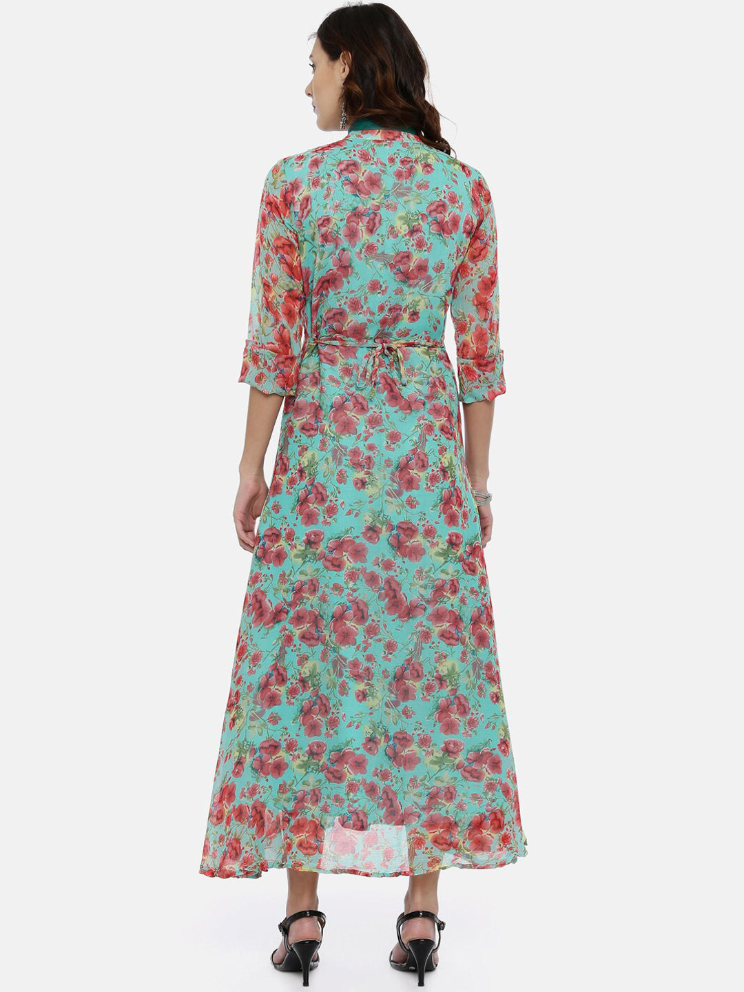 Souchii Women Turquoise Blue & Pink Floral Print Ethnic Maxi Dress
