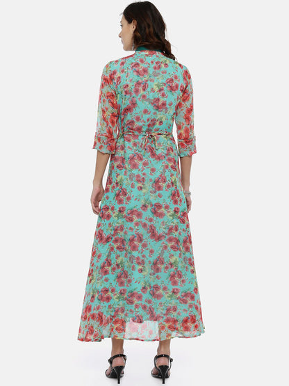 Souchii Women Turquoise Blue & Pink Floral Print Ethnic Maxi Dress