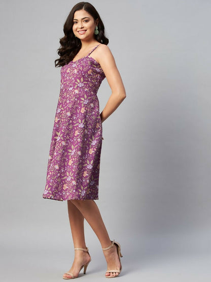 Miravan Women's Purple Floral Printed Midi Length Dress