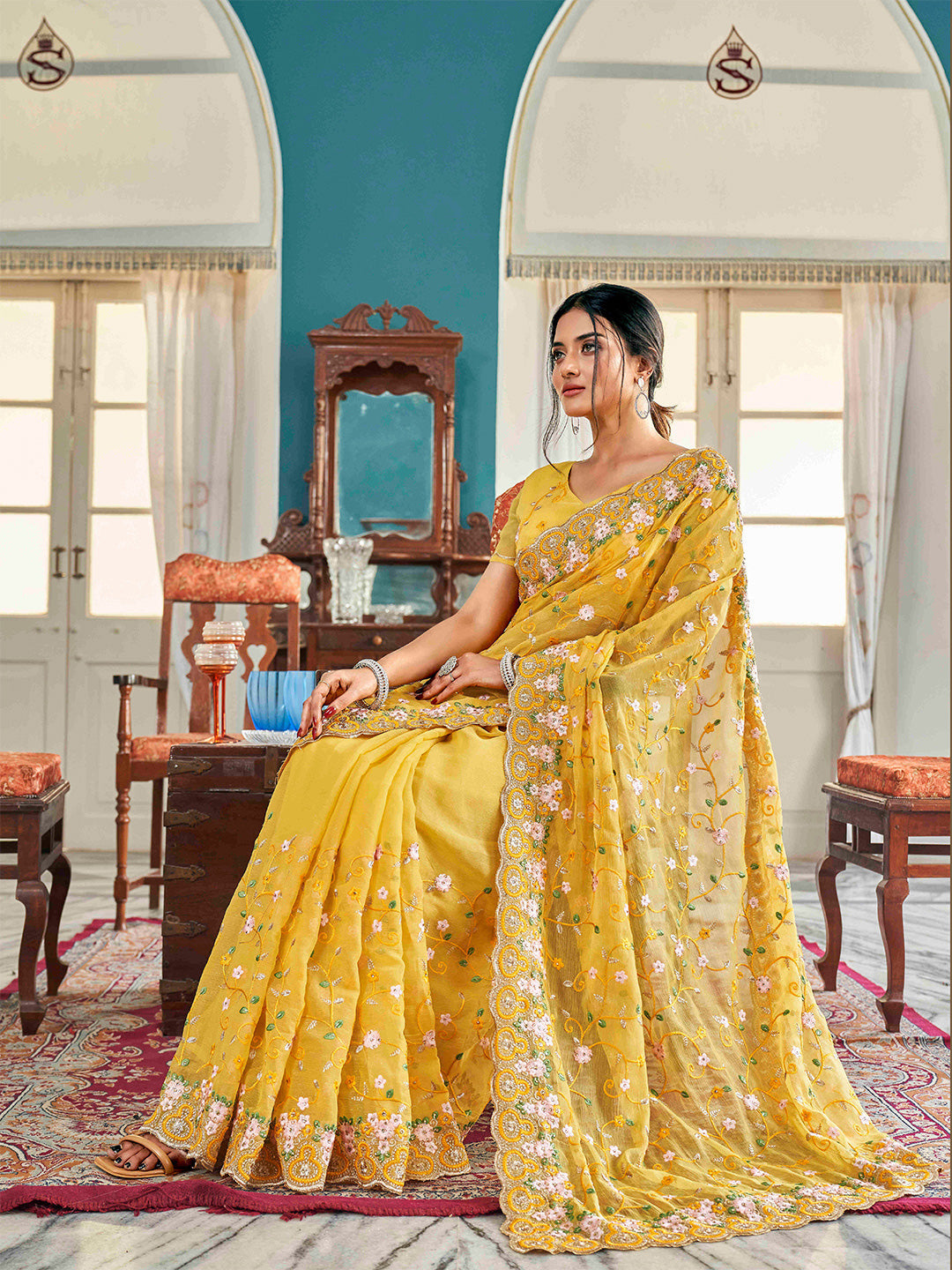 Tikhi Imli Yellow Ethnic Motifs Beads and Stones Embroidered Saree