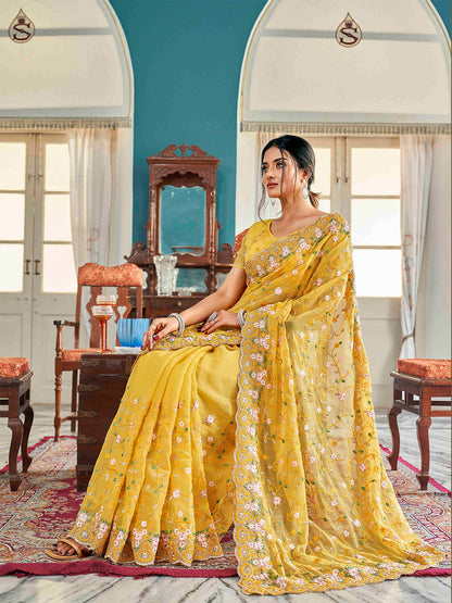 Tikhi Imli Yellow Ethnic Motifs Beads and Stones Embroidered Saree