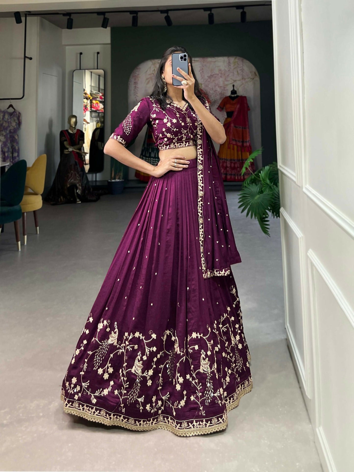 Vastranavya Vichitra Silk Sequins And Thread Embroidery Work Lehenga Choli - Wine