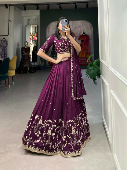 Vastranavya Vichitra Silk Sequins And Thread Embroidery Work Lehenga Choli - Wine