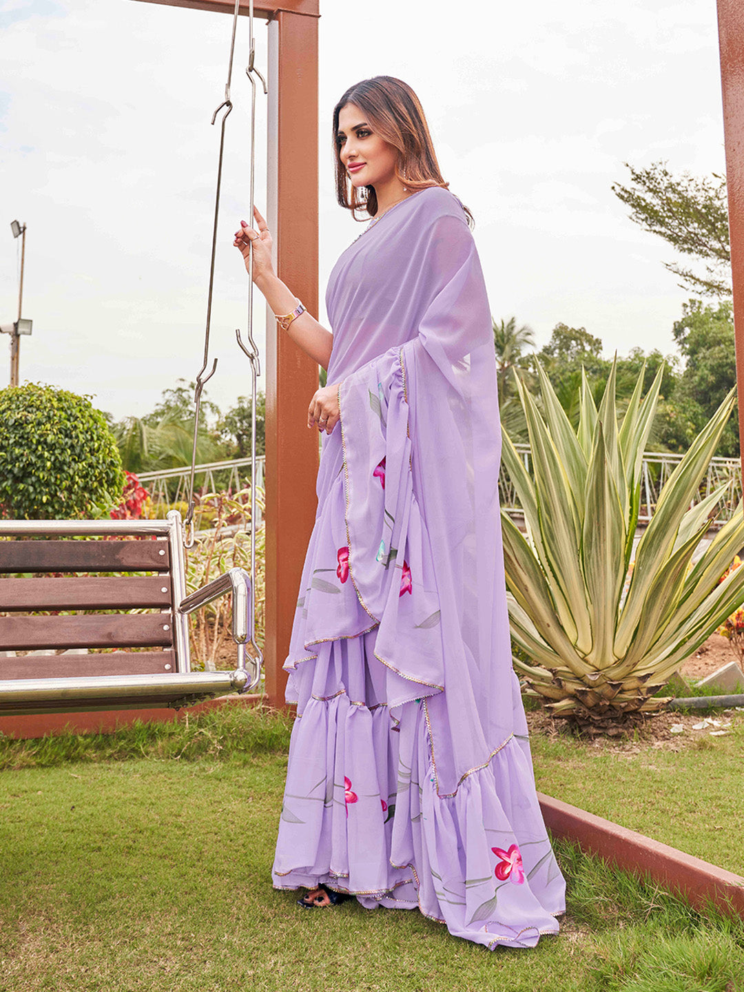 Tikhi Imli Printed Ruffle Saree With Mirror Embroidered Work Blouse