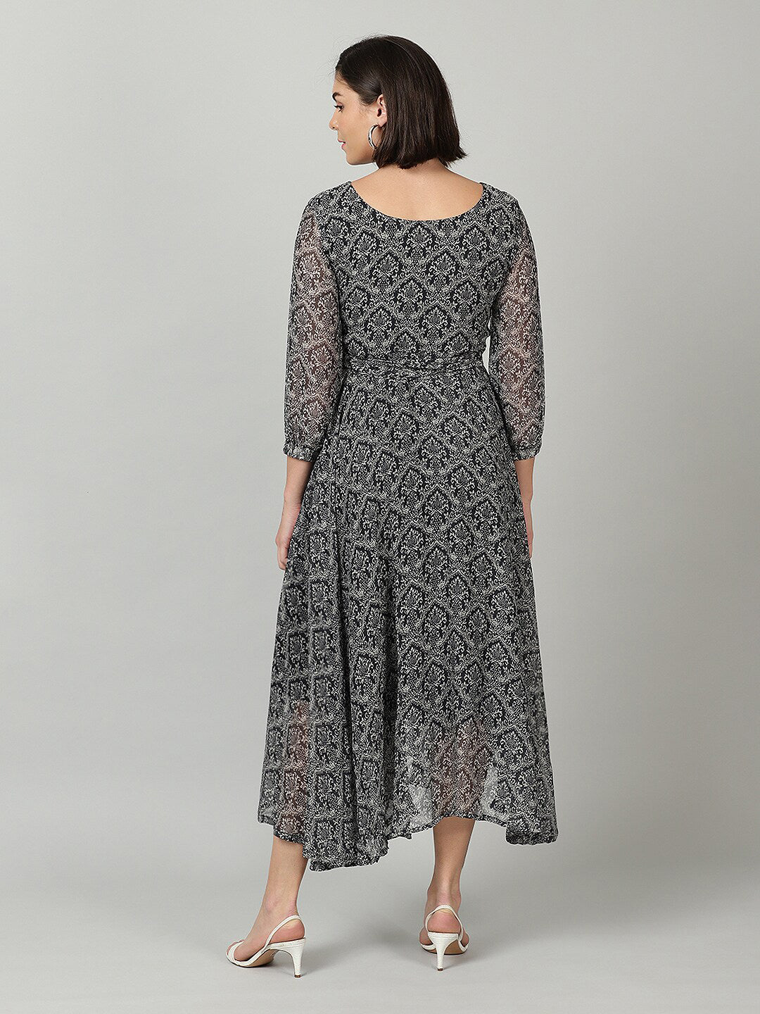 Souchii Women Grey & Black Ethnic Motifs Chiffon A-Line Midi Dress