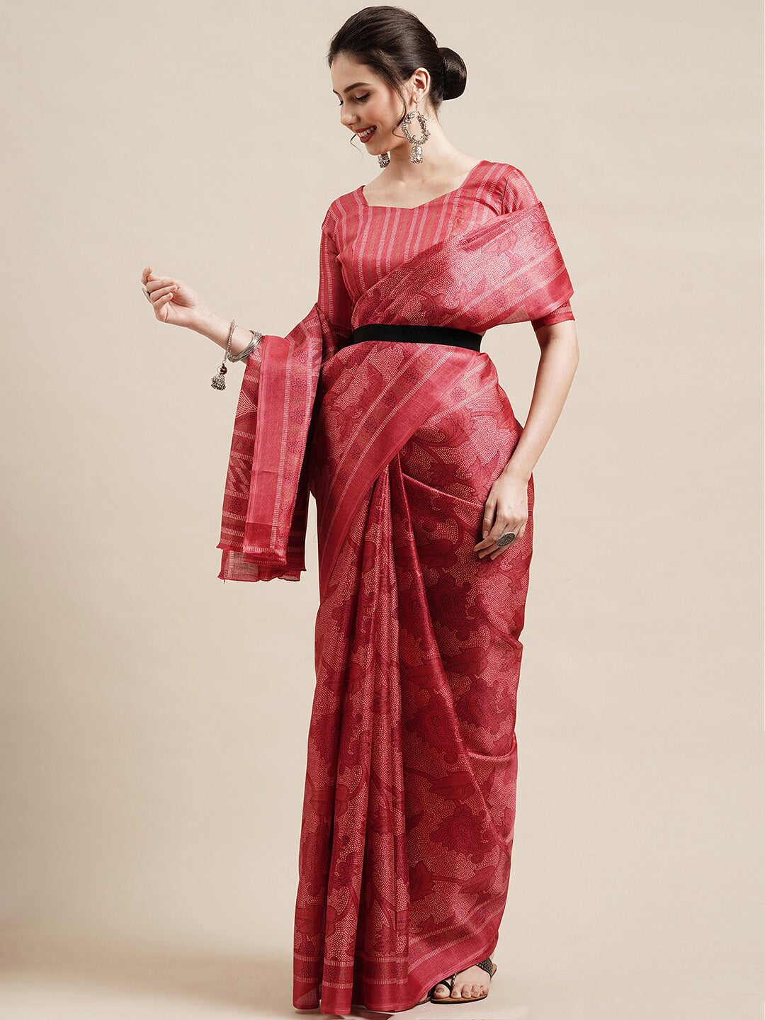 Saree Mall Red & White Ethnic Motifs Art Silk Saree