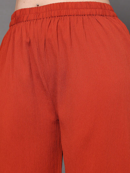 Sztori Plus Size V Neck Regular Silk Crepe Straight Kurta with Trousers