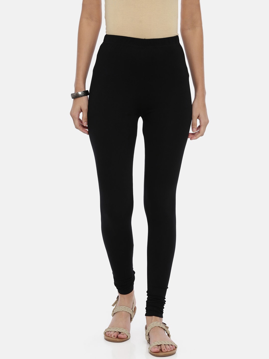 Souchii Black Solid Slim-Fit Churidar-Length Leggings