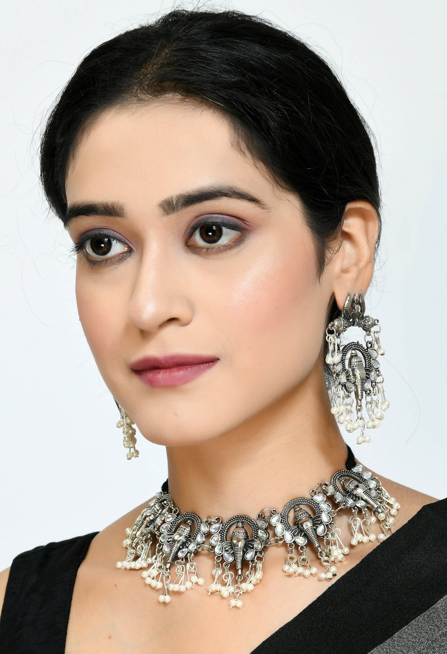 Mominos Fashion Johar Kamal Oxidised Silver-Plated Ganesha Design Necklace Choker Set for Women