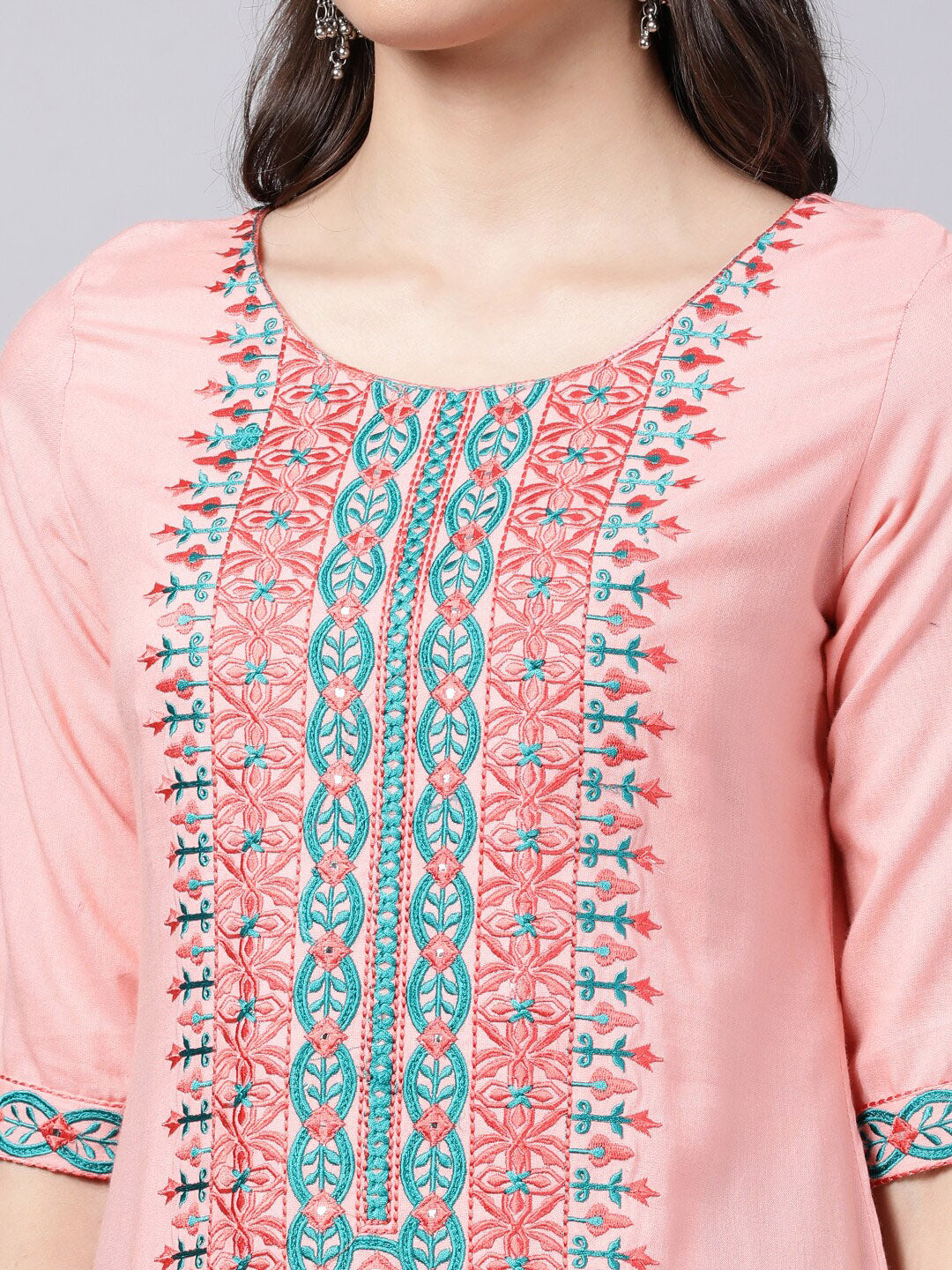 Souchii Women Peach-Coloured & Blue Ethnic Motifs Yoke Design Thread Work Pastels Kurta