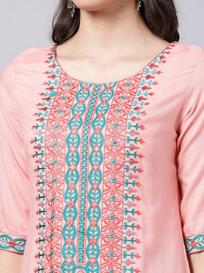 Souchii Women Peach-Coloured & Blue Ethnic Motifs Yoke Design Thread Work Pastels Kurta