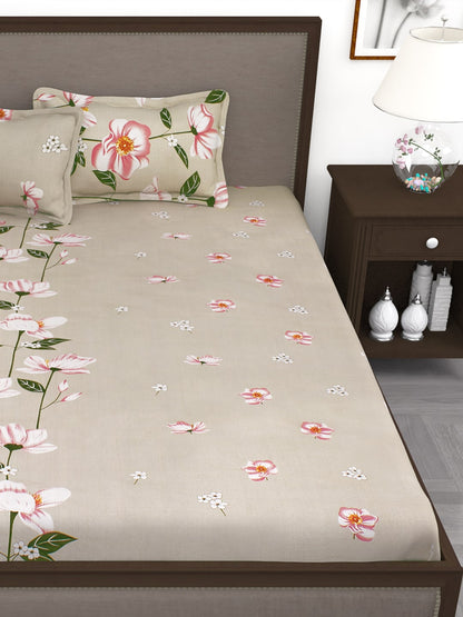 Story@home Beige & Red Floral Flat 240 TC 1 Double Bedsheet with 2 Pillow Covers