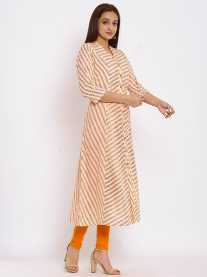 HERE&NOW Orange Mandarin Collar Striped A-Line Kurta