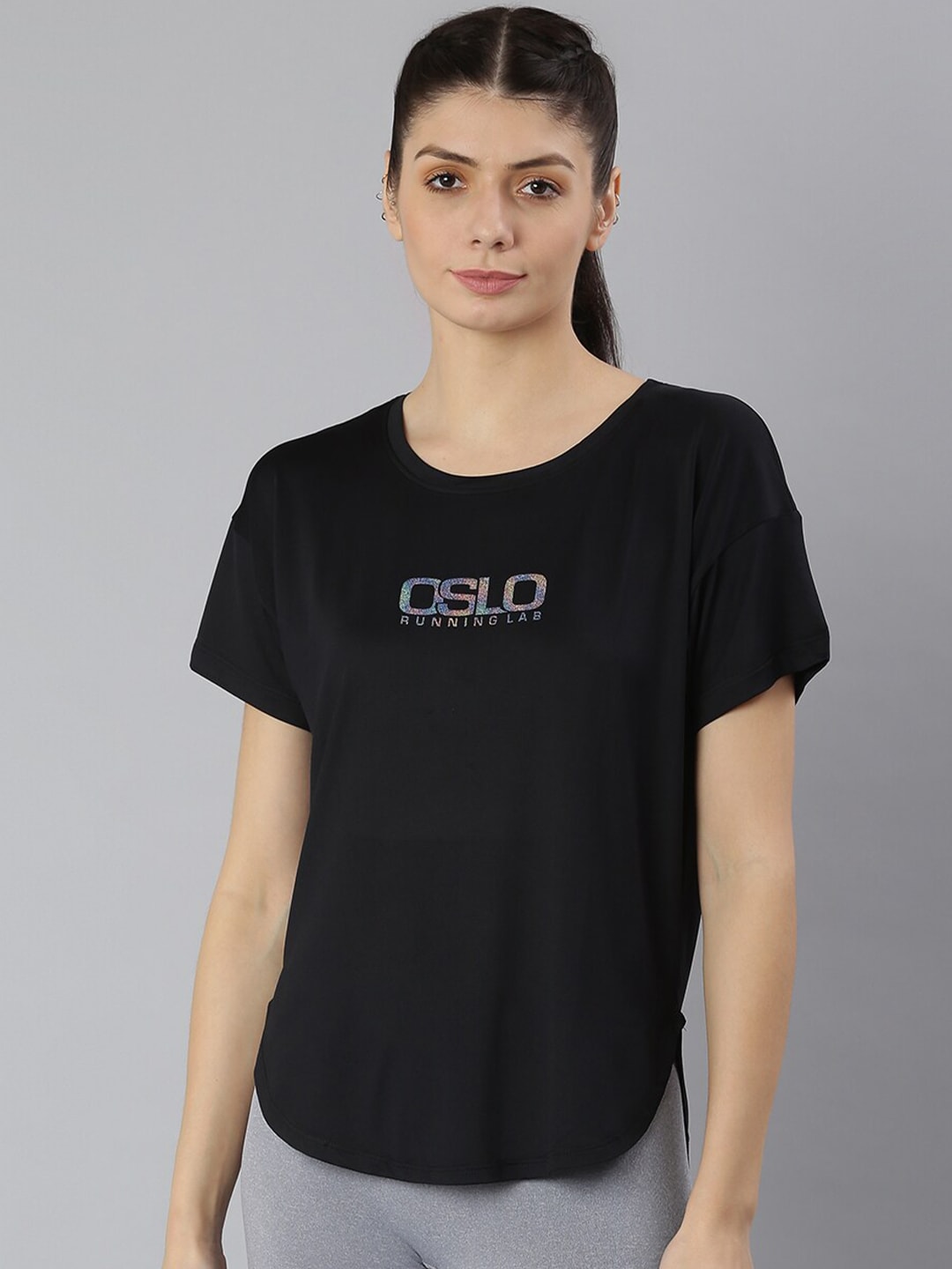 MKH Women Black Typography Extended Sleeves Dri-FIT Sports T-shirt