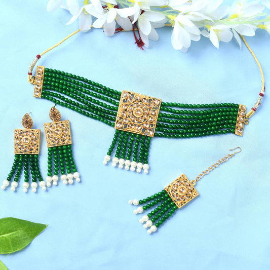 Mominos Fashion Johar Kamal Gold-Polished Kundan & Pearls Necklace Green/Golden Color Choker Set