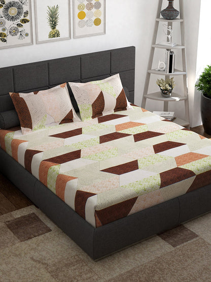 Story@home Cream-Coloured Geometric 152 TC Cotton 1 Queen Bedsheet with 2 Pillow Covers
