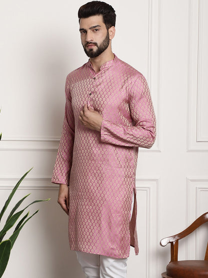 Sojanya Men Pink & Beige Ethnic Motifs Jacquard Woven Design Straight Kurta