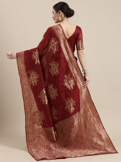Saree Mall Maroon Floral Linen Blend Banarasi Saree