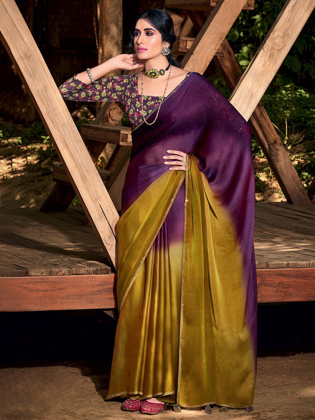Saree Mall Purple & Beige Ombre Embroidered Sarees