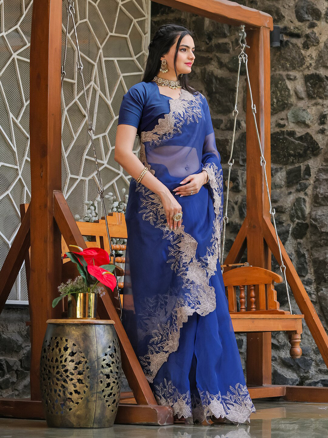 Tikhi Imli Blue Embroidered Organza Saree