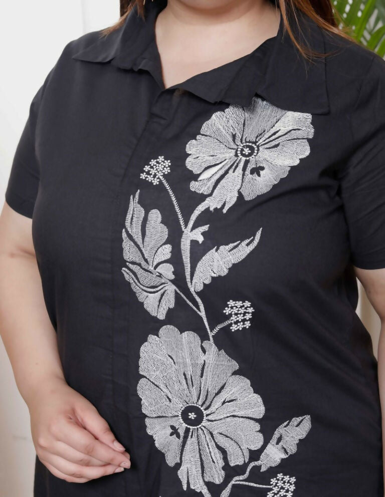 Miravan Women's Plus Size Black Pure Cotton Floral Embroidered High Low Co-Ord Set