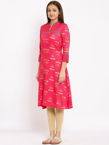 HERE&NOW Coral Mandarin Collar Ethnic Motifs Printed A-Line Kurta
