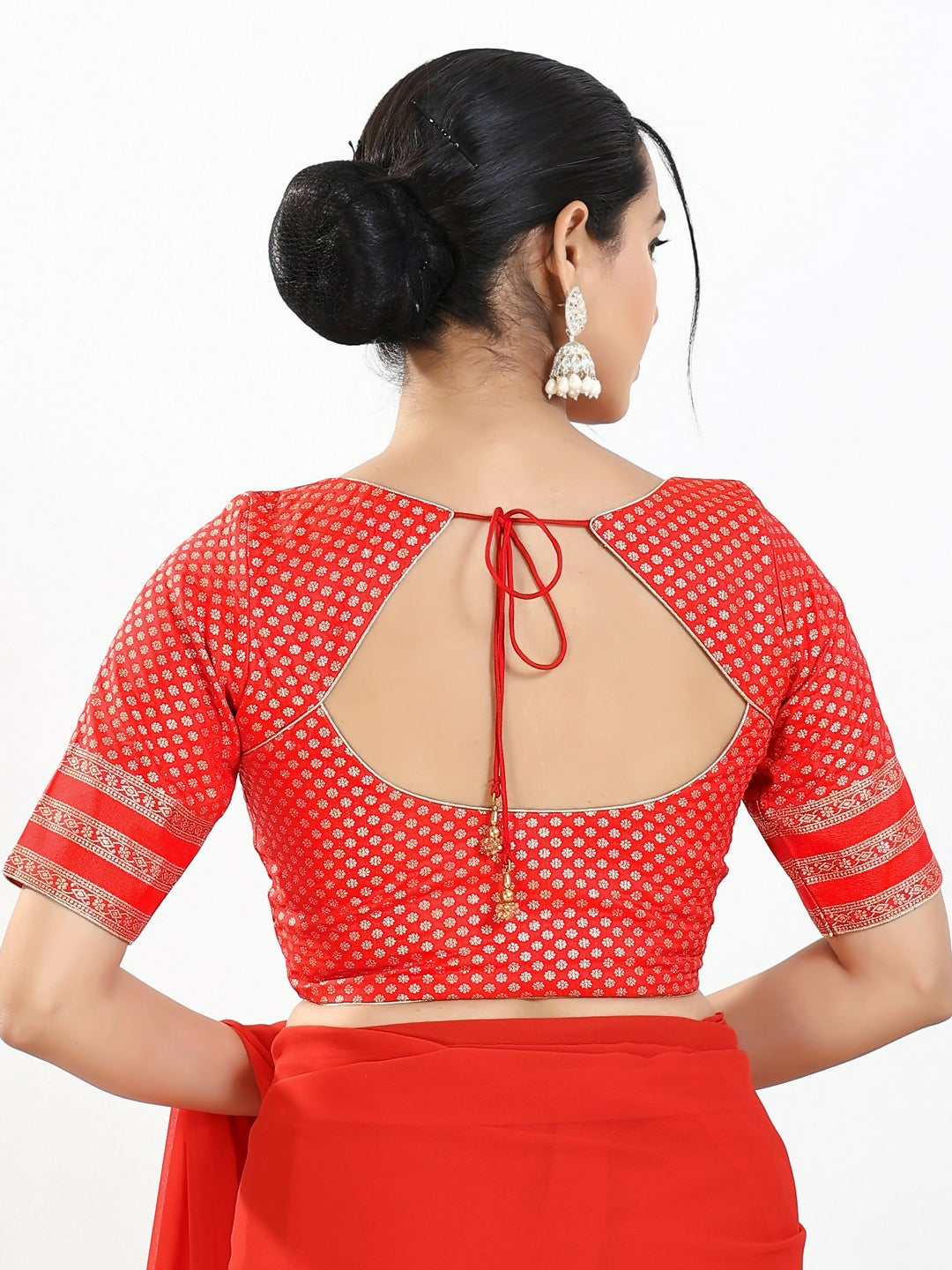 Joban Fashion Red Brocade Padded Blouse With Round Neck Elbow Sleeves