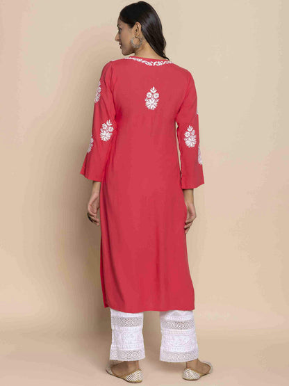 HOUSE OF KARI Floral Chikankari Embroidered Notched Round Neck Straight Kurta