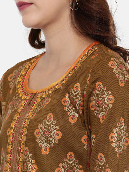 Souchii Brown & Mustard Printed Straight Kurta