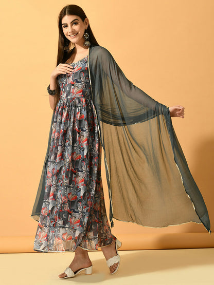Myshka Women's Grey Festive Flared Anarkali Kurta With Dupatta sets