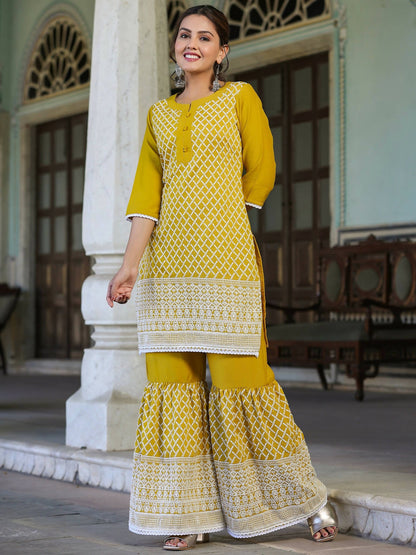 Juniper Women's Mustard Chinnon Embroidered Kurta Garara Set
