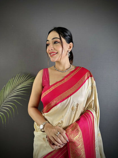 Joban Fashion Cream Banarasi Soft Silk Woven Saree